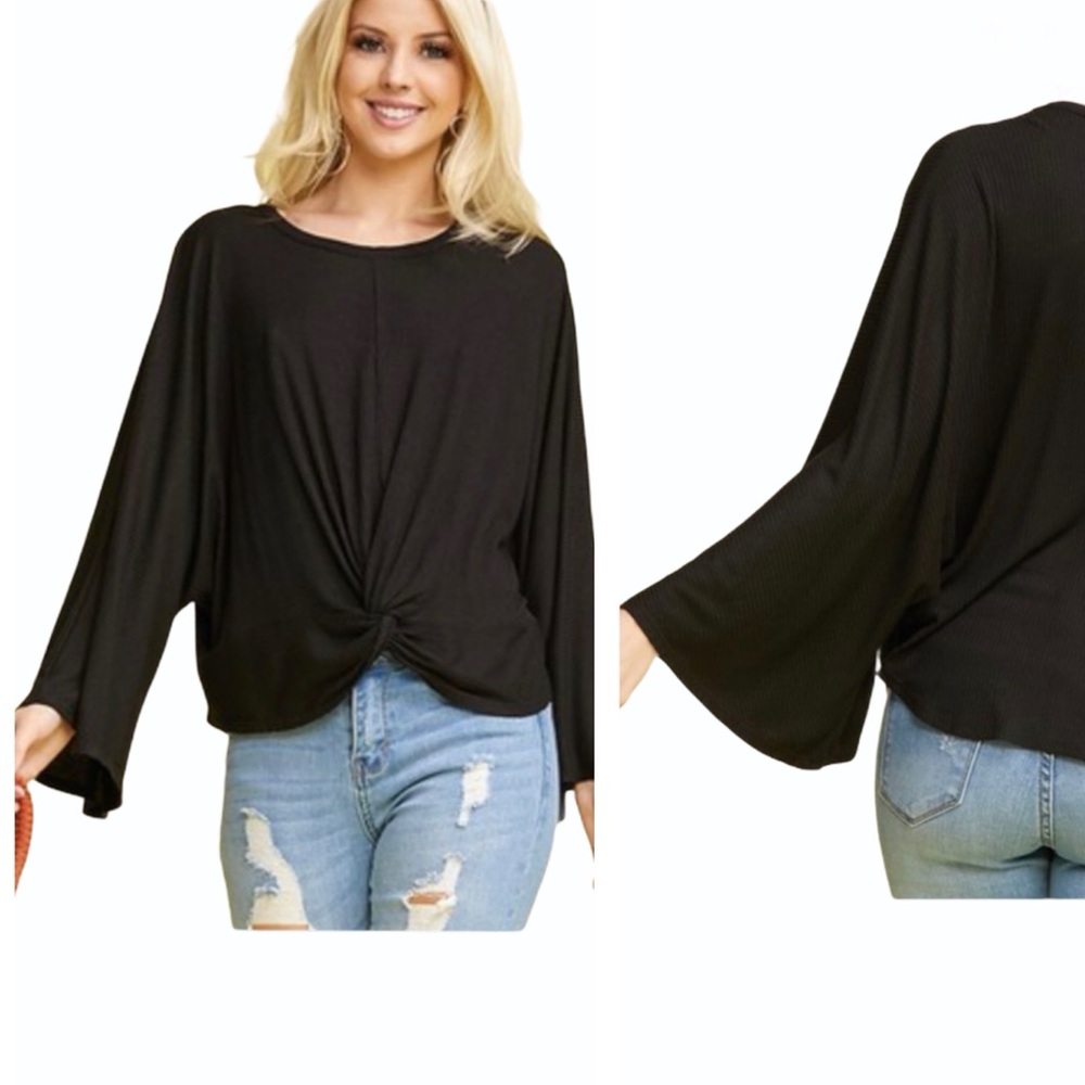 Black Bell Sleeve Knotted Front Top